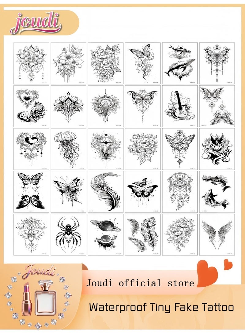 Joudi Temporary Tattoo Stickers 30 Sheets - Waterproof Micro Fake Tattoos, Flowers, Spiders, Feathers, Animals, Butterfly Series Tattoos, Suitable for Kids, Adults, Men and Women - Image 1